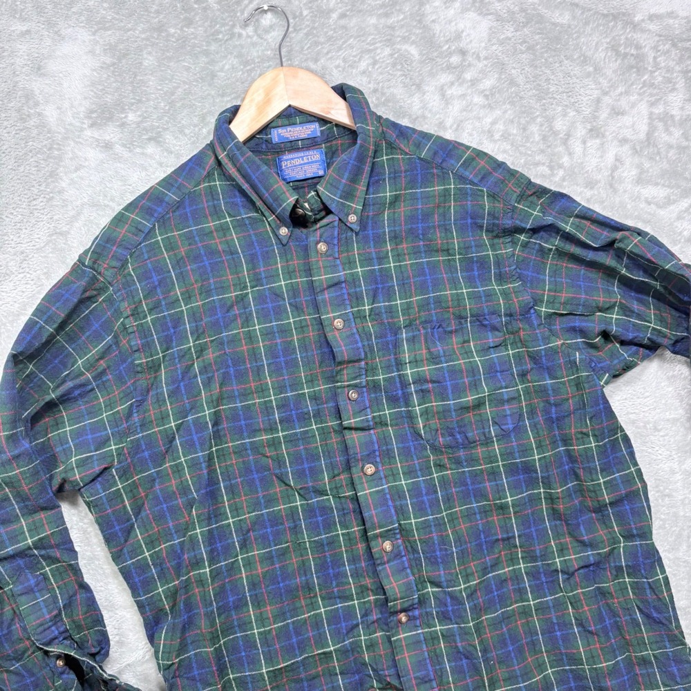 Pendleton Button Down Mens 2X Green Blue‎ Plaid Sir Worsted Virgin Wool Shirt